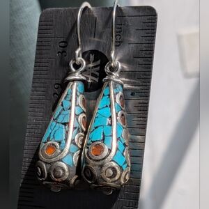 Turquoise Inlay Sterling Silver Earrings With Coral Accents Vintage Tibetan Bead